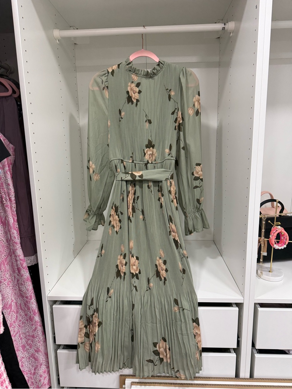 ANRABESS Sage Green Floral Chiffon Pleated Midi Dress Size Large